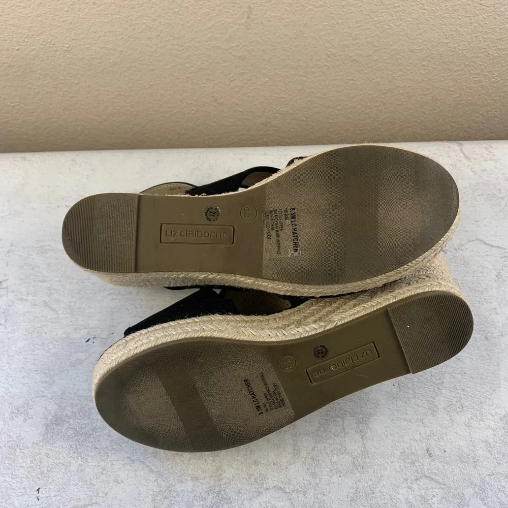Liz Claiborne 8.5 Wedge Sandals Black LC Hatcher Perforated Espadrille Slingback